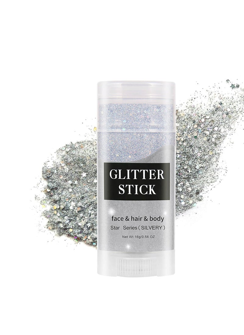 MEICOLY Silver Body Glitter Stick,Waterproof Halloween Face Glitter Gel,Chunky Glitter Face Paint,Mermaid Sequin Hair Glitter Makeup,Sparkle Body Glitter for Women and Kid,Festival Accessories Glitter