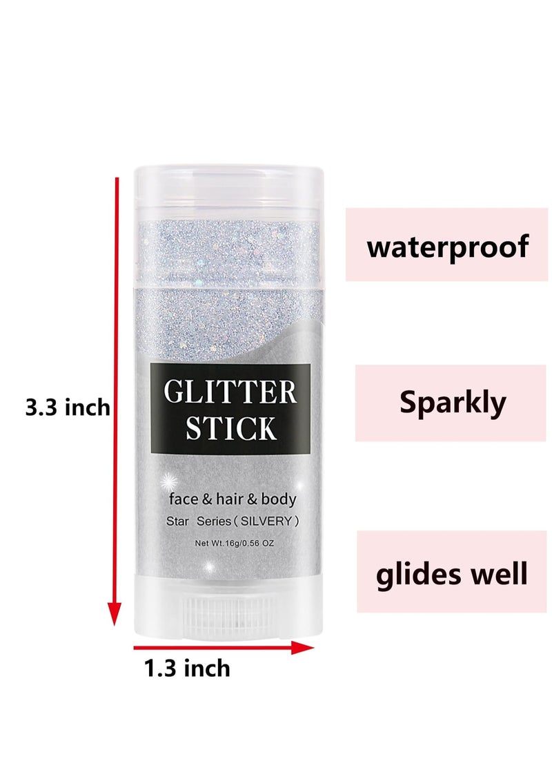 MEICOLY Silver Body Glitter Stick,Waterproof Halloween Face Glitter Gel,Chunky Glitter Face Paint,Mermaid Sequin Hair Glitter Makeup,Sparkle Body Glitter for Women and Kid,Festival Accessories Glitter