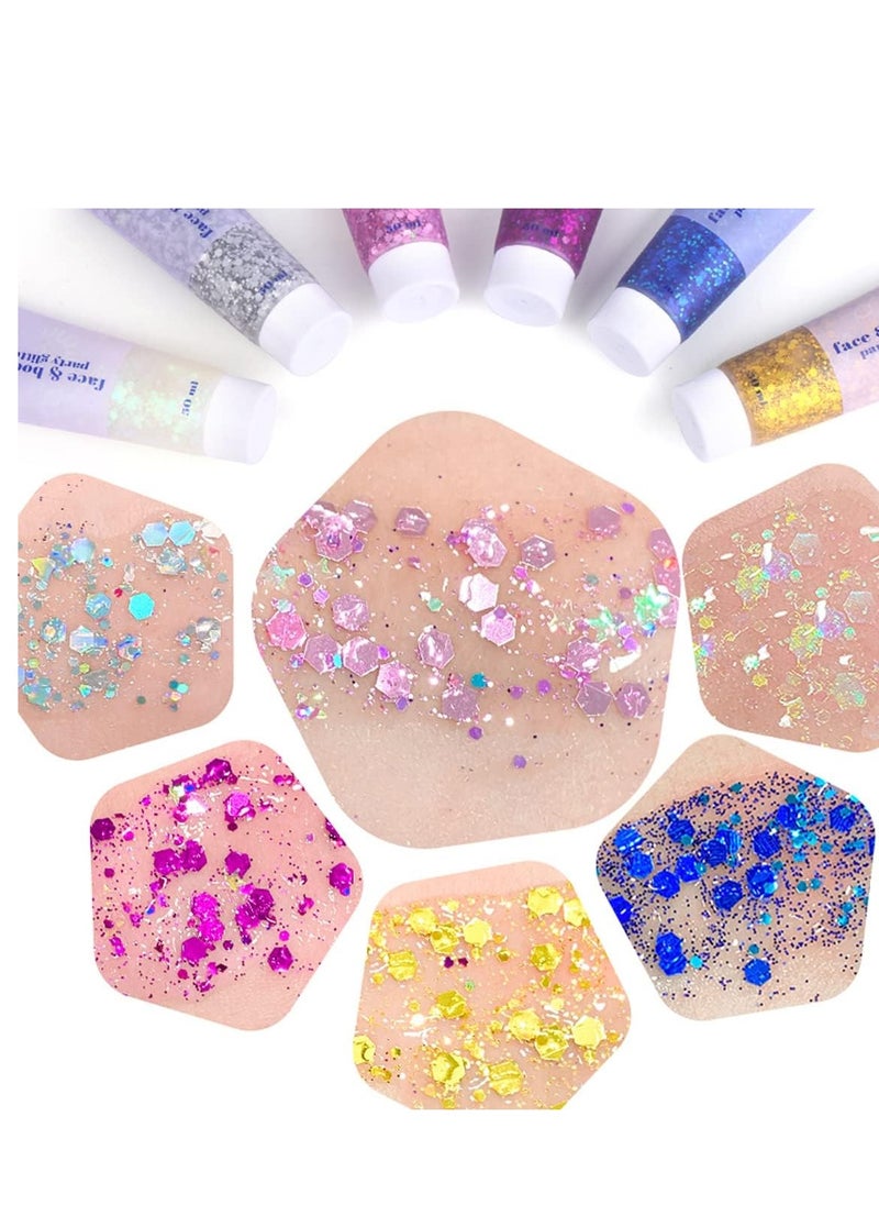 MEICOLY Blue and Clear White Face Body Glitter Set,Mermaid Face Glitter Gel,Singer Concerts Festival Rave Accessories,Sparkling Sequins Glitter Face Paint for Women and Kids,Chunky Glitter Makeup