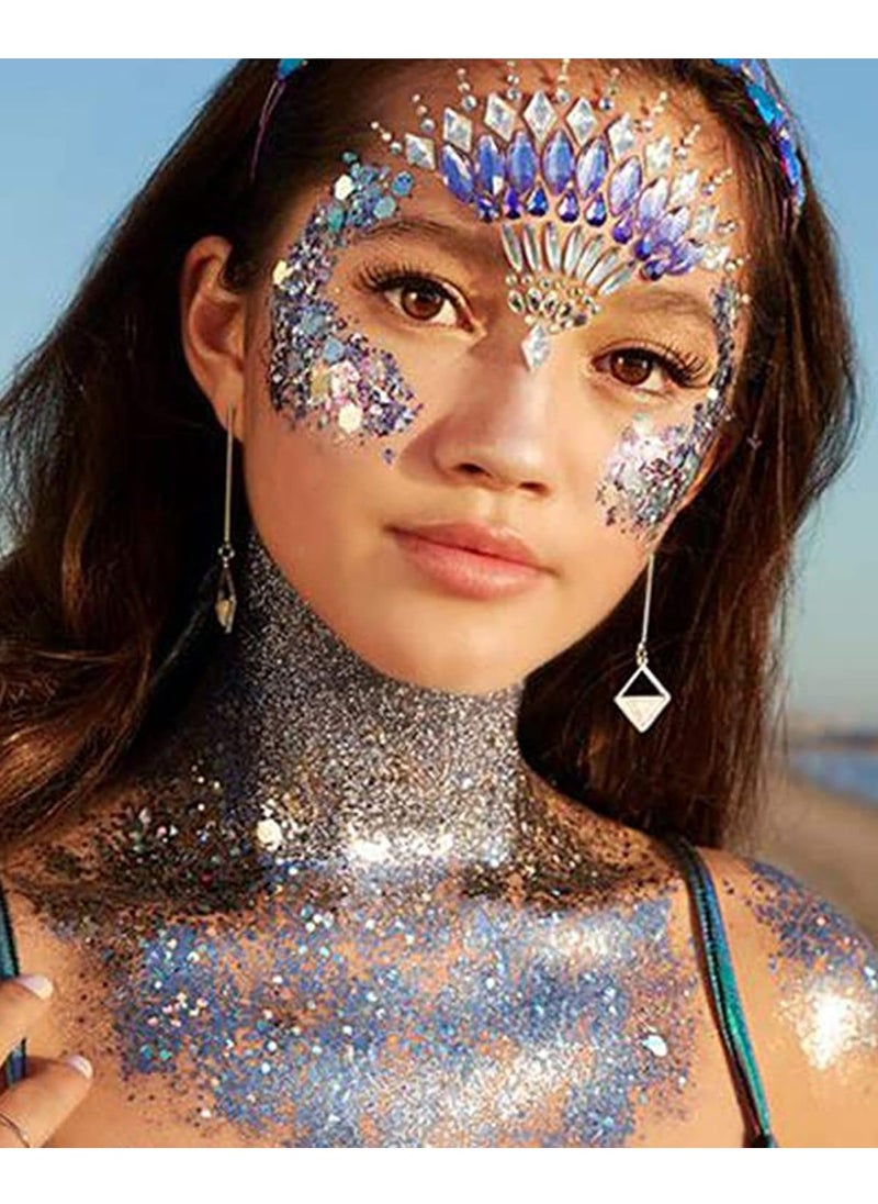 MEICOLY Blue and Clear White Face Body Glitter Set,Mermaid Face Glitter Gel,Singer Concerts Festival Rave Accessories,Sparkling Sequins Glitter Face Paint for Women and Kids,Chunky Glitter Makeup