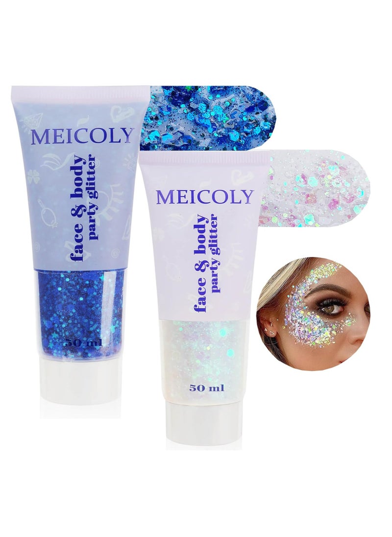 MEICOLY Blue and Clear White Face Body Glitter Set,Mermaid Face Glitter Gel,Singer Concerts Festival Rave Accessories,Sparkling Sequins Glitter Face Paint for Women and Kids,Chunky Glitter Makeup