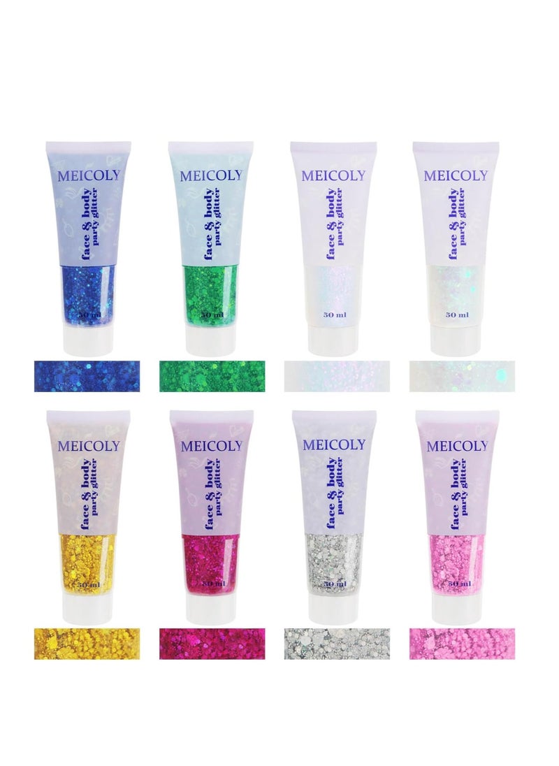 MEICOLY Blue and Clear White Face Body Glitter Set,Mermaid Face Glitter Gel,Singer Concerts Festival Rave Accessories,Sparkling Sequins Glitter Face Paint for Women and Kids,Chunky Glitter Makeup