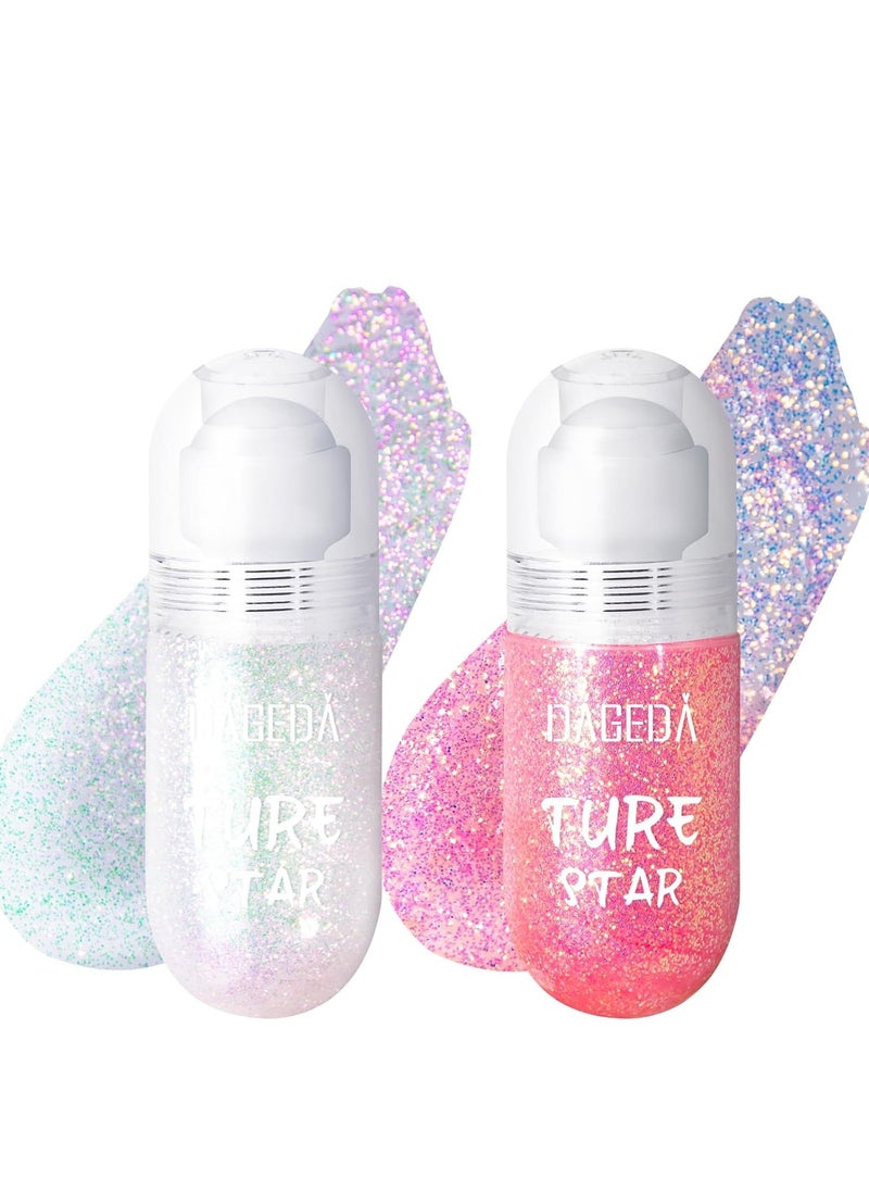 DAGEDA 2Colors Roll-on Body Glitter Gel for Body, Hair, Face, Holographic Glitter Makeup for Rave Accessories, Body Shimmer Hair Glitter Gel for Halloween Makeup(Sparkling Pink+Pink)