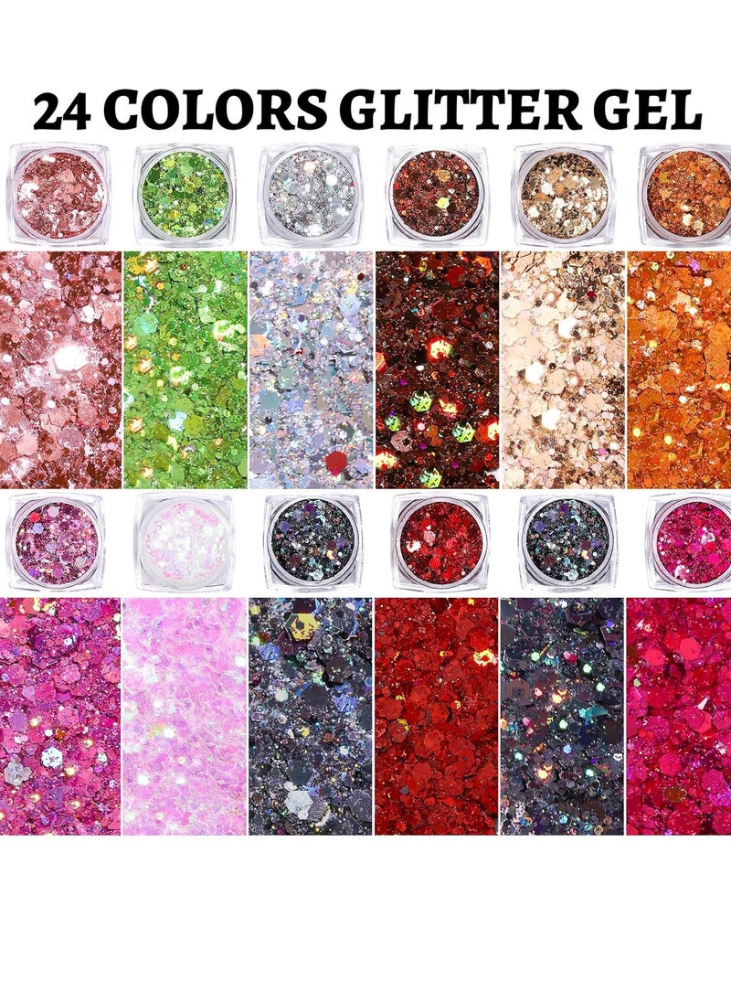 Teenitor 24 Colors Face Glitter Body Glitter Gel, Hair Glitter Gel, Glitter for Halloween Makeup, Face Makeup Glitter Gel for Face, Body, Hair