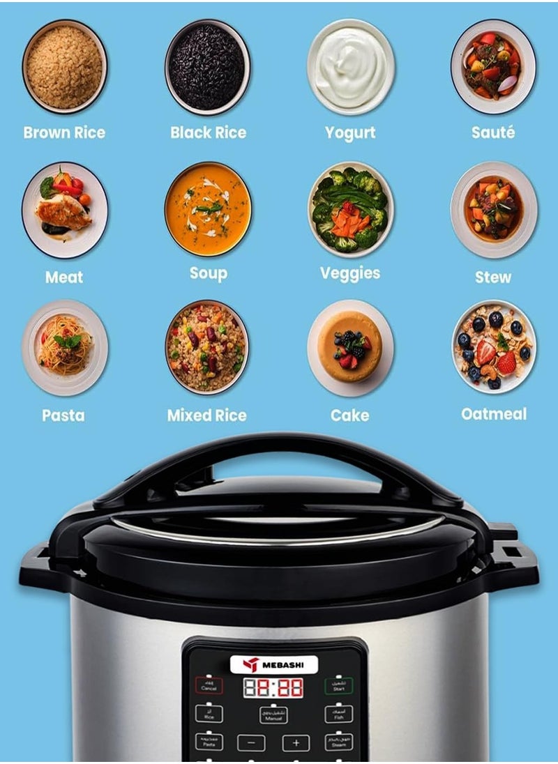 MEBASHI Japan 1600W 12L Digital Electric Pressure Cooker 13-in-1 Multi-Function Cooker with Over 10 Safety Features - (1600W) Black (ME-PC812)