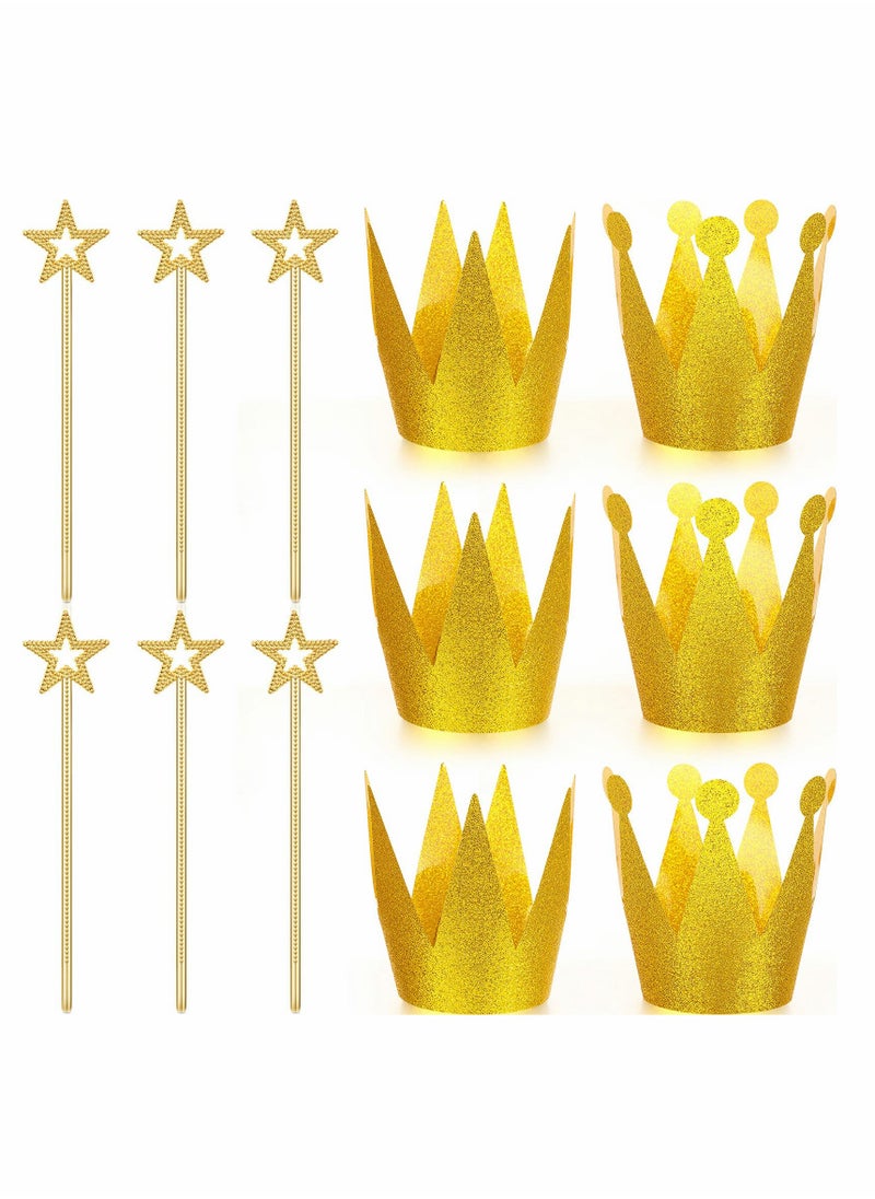 Gold Star Wand Glitter Crowns Party Sets Include 6 Gold Star Fairy Wand and 6 Pieces Princess Prince Party Crowns Hats Birthday Decorations  Party Role Play Dress-Up Photo Prop