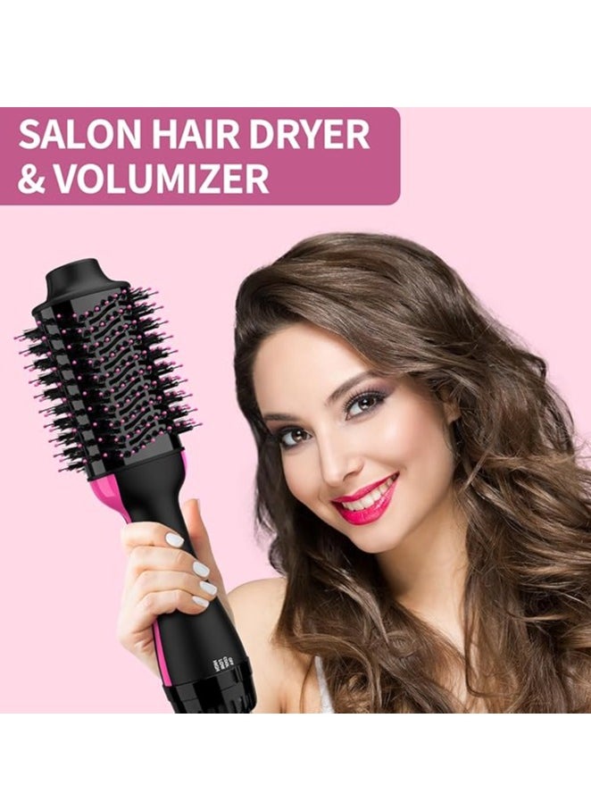 Hair Dryer and Blow Dryer Brush in One, 4 in 1 Hair Dryer and Styler Volumizer with Negative Ion Anti-frizz Ceramic Titanium Barrel Hot Air Straightener Brush 75MM Oval Shape, Black/Pink