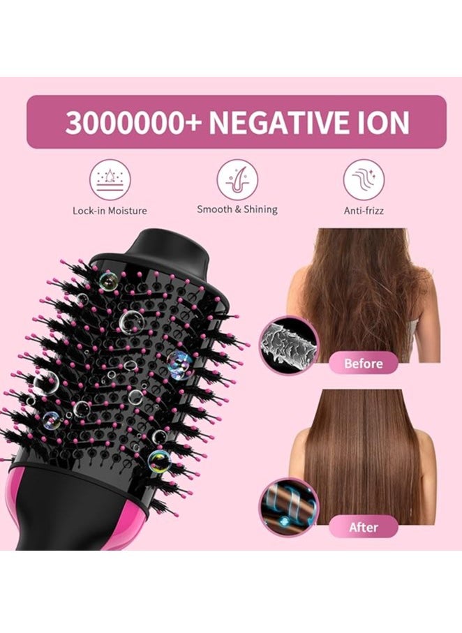 Hair Dryer and Blow Dryer Brush in One, 4 in 1 Hair Dryer and Styler Volumizer with Negative Ion Anti-frizz Ceramic Titanium Barrel Hot Air Straightener Brush 75MM Oval Shape, Black/Pink