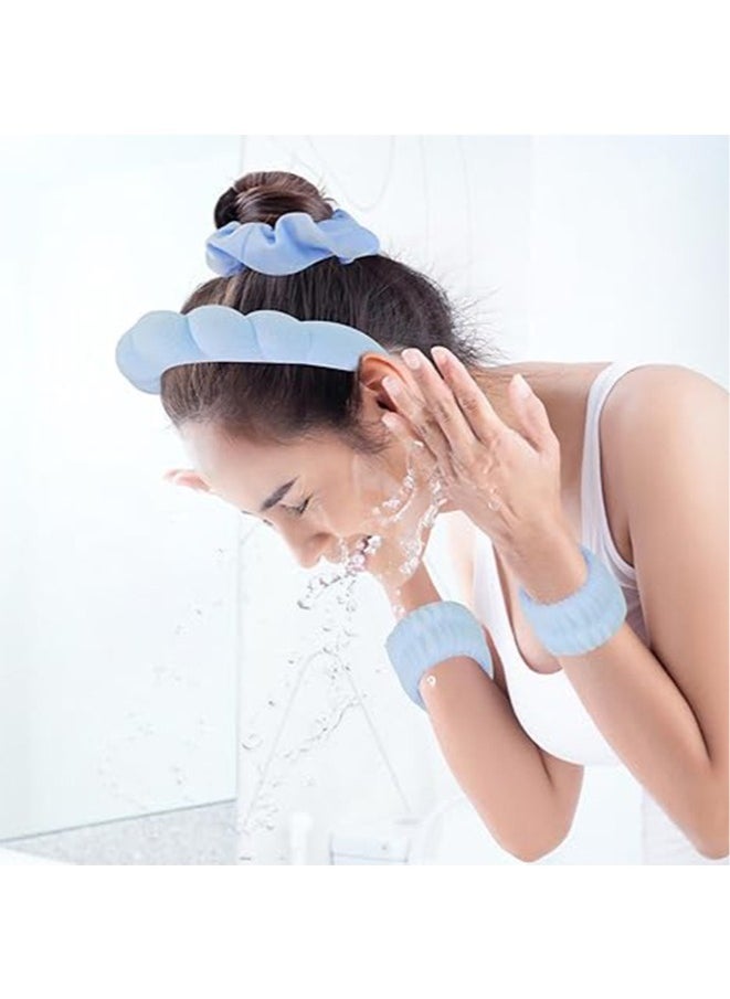 6 pcs Women Facial headband u0026 wrist towels,Blue Spa Headband u0026 Wristband Set for Washing Face Makeup,Silk Hair Scrunchies/Flower Hair Claw Clips