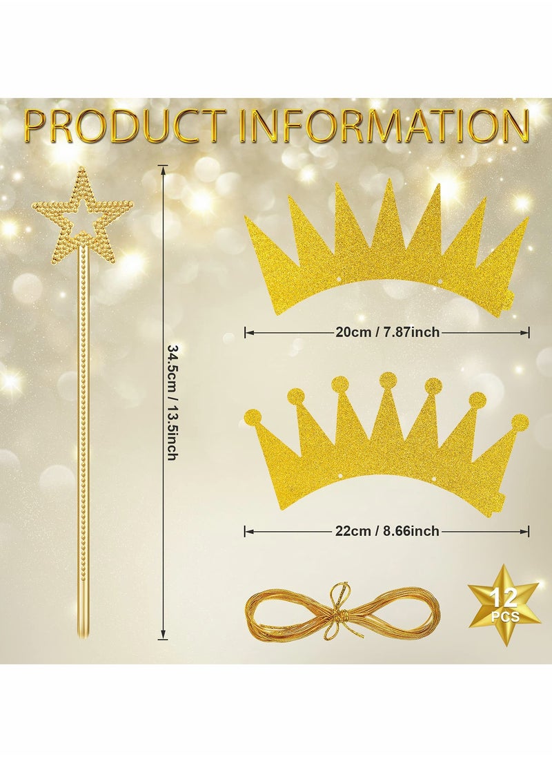 Gold Star Wand Glitter Crowns Party Sets Include 6 Gold Star Fairy Wand and 6 Pieces Princess Prince Party Crowns Hats Birthday Decorations  Party Role Play Dress-Up Photo Prop