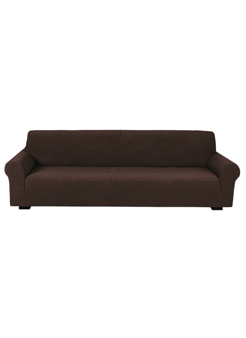 Stretch Fit 4-Seater Sofa Cover Soft Brushed Fabric Couch Cover Exquisitely Full Coverage Furniture Protector Slipcover Four Seater Fits on Standard and Recliner Sofa 235-300cm Size Brown