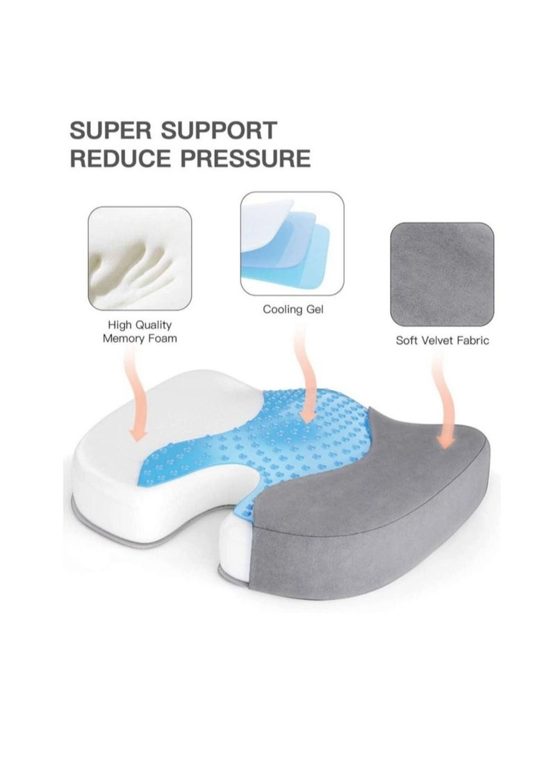 Memory Foam Seat Cushion, Gel Infused Soft Velour Cover Non-Slip Bottom With Handle, Orthopedic Relief Tailbone Coccyx Sciatica Back Pain For Office Chair WFH Car Seat Wheelchair Airplane (Grey)