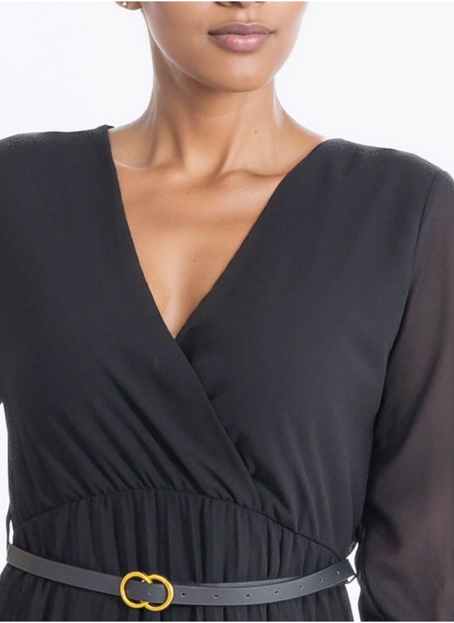 Stylish Black Pleated Dress with Belt