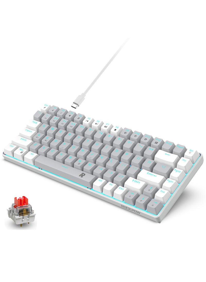 ROCK POW 84 Keys Mechanical Gaming Keyboard Ice Blue Backlit Ultra-Compact Mini Keyboard Mini Compact Keyboard for PC/Mac Gamer Typist Easy Carry on Trip Red Switch