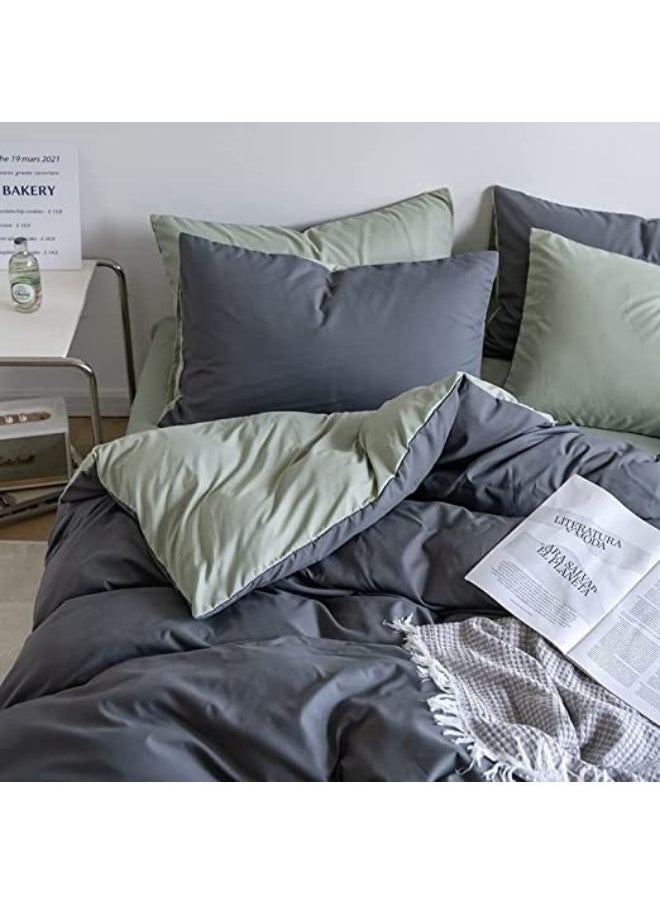 4 Pcs Single Size Soft and Breathable Reversible Duvet Bed Cover Set Cool and Skin Friendly Bedding Set Include 1 Lightweight Grey Duvet Cover with 1 Green Fitted Sheet and 2 Pillowcases