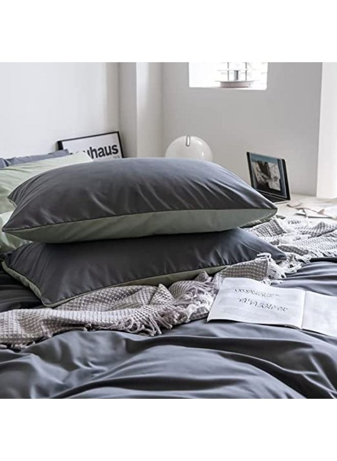 4 Pcs Single Size Soft and Breathable Reversible Duvet Bed Cover Set Cool and Skin Friendly Bedding Set Include 1 Lightweight Grey Duvet Cover with 1 Green Fitted Sheet and 2 Pillowcases