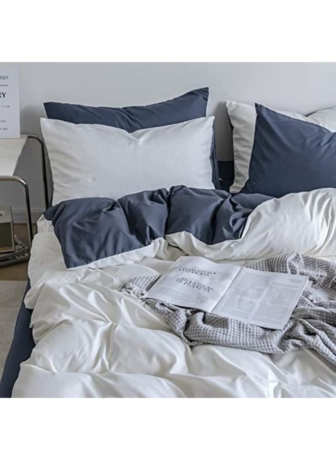 4 Pcs Single Size Soft and Breathable Reversible Duvet Bed Cover Set Cool and Skin Friendly Bedding Set Include 1 Lightweight Pure White Duvet Cover with 1 Dark Grey Fitted Sheet and 2 Pillowcases