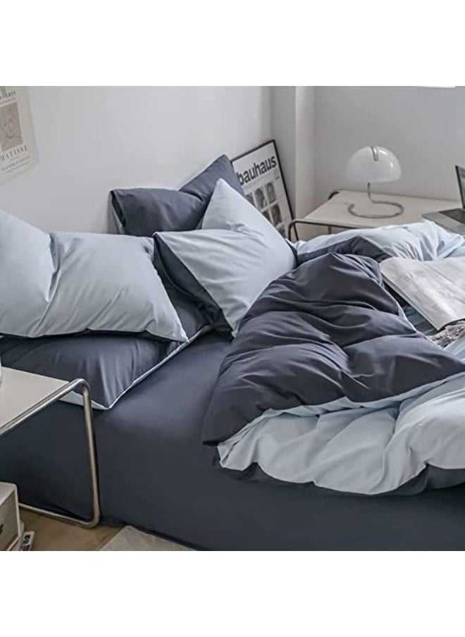 4 Pcs Single Size Soft and Breathable Reversible Duvet Bed Cover Set Cool and Skin Friendly Bedding Set Include 1 Lightweight Blue Duvet Cover with 1 Dark Grey Fitted Sheet and 2 Pillowcases