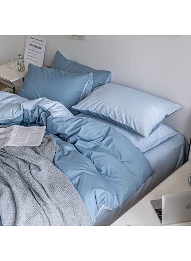 4 Pcs Single Size Soft and Breathable Reversible Duvet Bed Cover Set Cool and Skin Friendly Bedding Set Include 1 Lightweight Blue Duvet Cover with 1 Light Blue Fitted Sheet and 2 Pillowcases