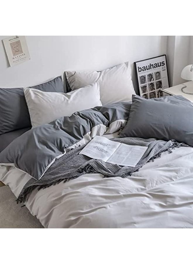 4 Pcs Single Size Soft and Breathable Reversible Duvet Bed Cover Set Cool and Skin Friendly Bedding Set Include 1 Lightweight Off White Duvet Cover with 1 Grey Fitted Sheet and 2 Pillowcases