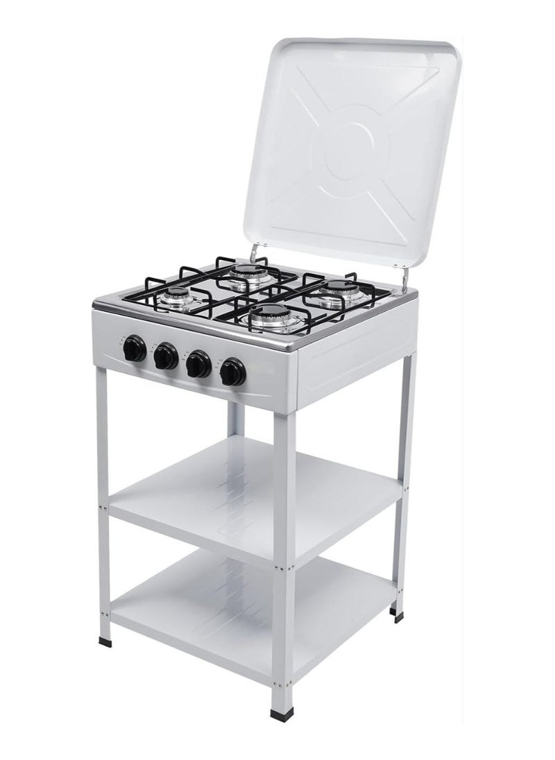 4 Burner Gas Stove with Wind Guard, Portable LNG/LPG Gas Stove with Removable Leg Stand and 2 Storage Shelves for RV, Apartment, Outdoor Cooking.