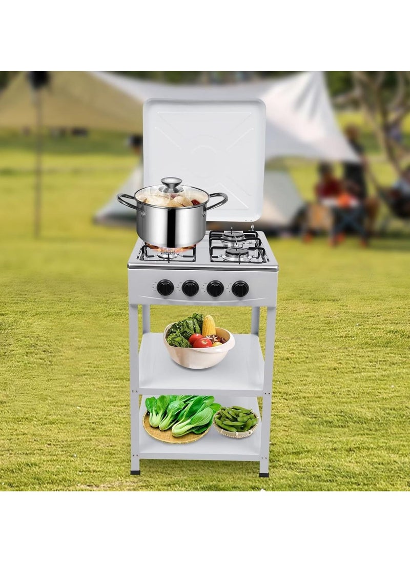 4 Burner Gas Stove with Wind Guard, Portable LNG/LPG Gas Stove with Removable Leg Stand and 2 Storage Shelves for RV, Apartment, Outdoor Cooking.