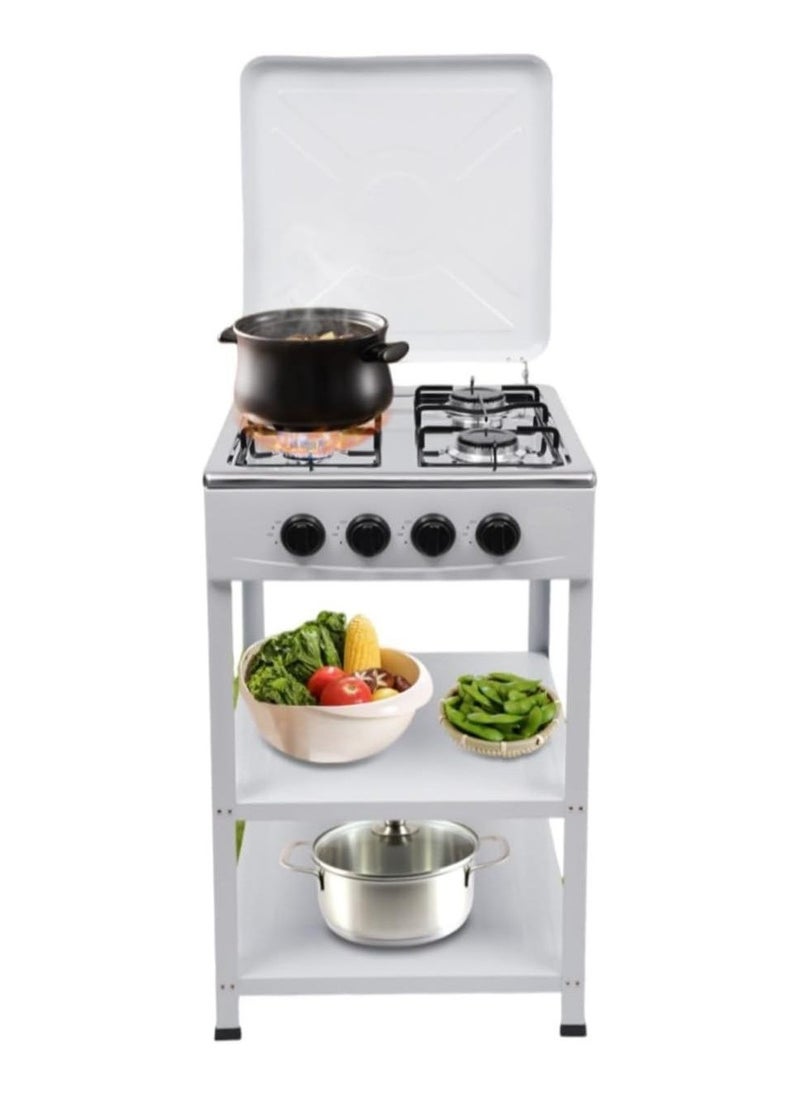 4 Burner Gas Stove with Wind Guard, Portable LNG/LPG Gas Stove with Removable Leg Stand and 2 Storage Shelves for RV, Apartment, Outdoor Cooking.