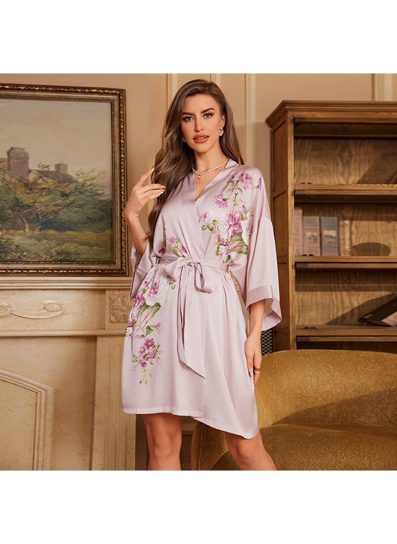 2024 Satin Sleepwear Robe Elegant Cool-Touch Summer WP3669 Pink Makeup Flower Dance