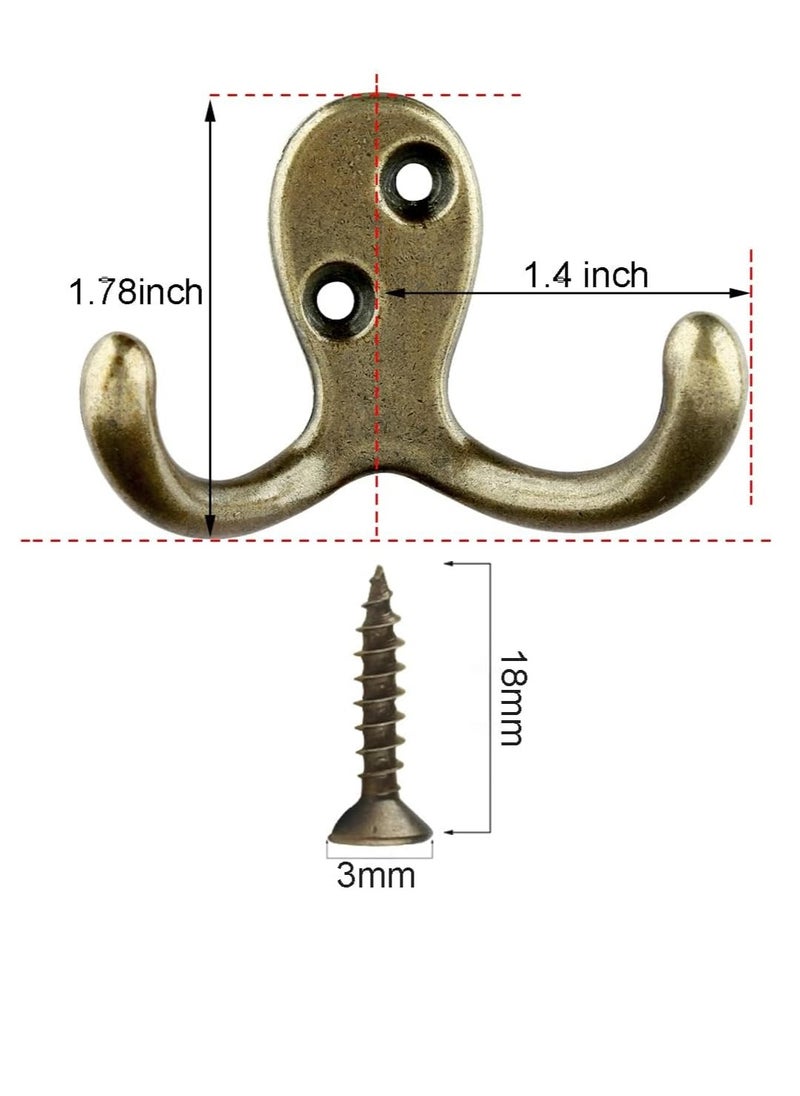 10Pcs Double Prong Coat Hooks Hardware, Antique Brass Towel Hooks Wall Mounted with 20 Screws, Metal Hooks for Hanging Coats, Towel, Hat, Key, Bag（Antique Brass）