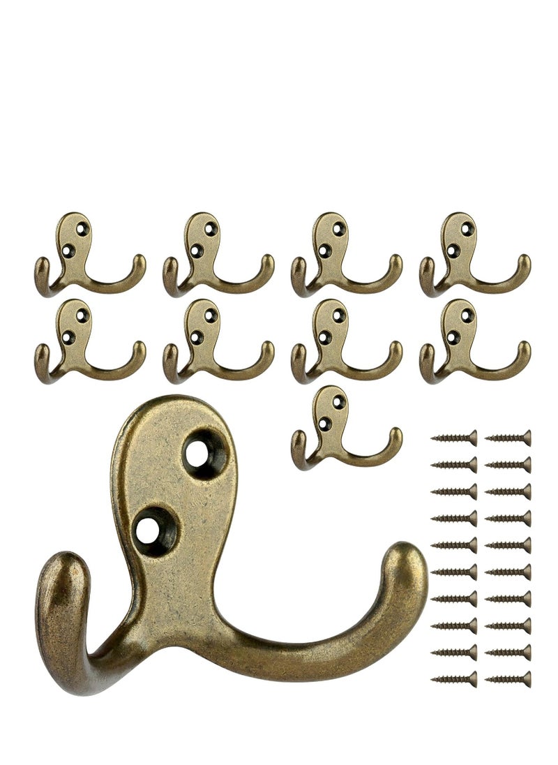 10Pcs Double Prong Coat Hooks Hardware, Antique Brass Towel Hooks Wall Mounted with 20 Screws, Metal Hooks for Hanging Coats, Towel, Hat, Key, Bag（Antique Brass）