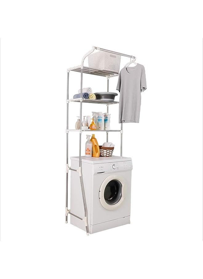 3-Tier Laundry Room Shelf Over the Toilet/Washing Machine Storage Rack Bathroom Organizer Adjustable Space Saver Shelving Units with Clothes Hanging Rod (Ivory, Bottom Reinforcement)