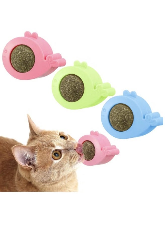 3 PCS Wall Catnip Balls, Natural Catnip Ball Edible Licking Ball Catnip Wall Roller, Teeth Cleaning Cat Bite Toy, Rotating Licking Toy Cat Energy Ball Toy (Blue, Green, Pink)