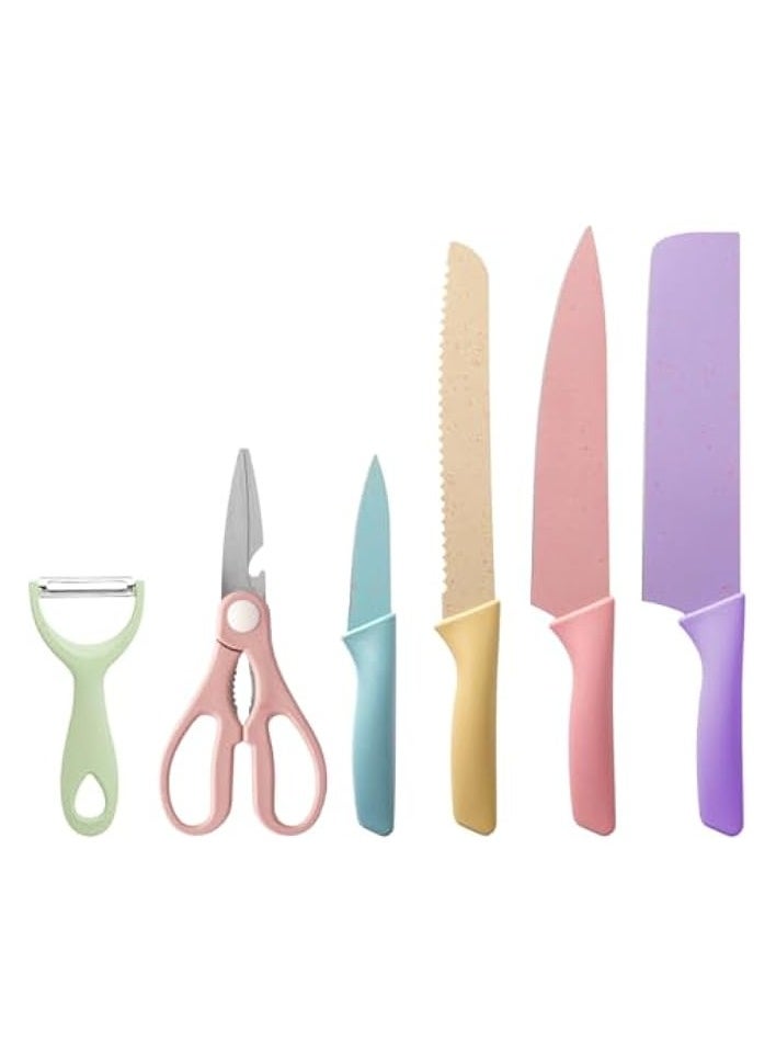 Colorful Kitchen Knife Set 6 Pcs, Colored Knives Set with Non-Stick Coated Stainless Steel Blades for Slicing, Dicing, Cutting,