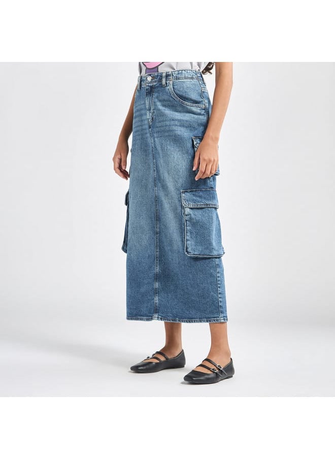 Lee Cooper Solid A-line Maxi Denim Skirt with Pockets and Button Closure