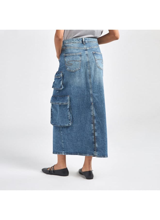 Lee Cooper Solid A-line Maxi Denim Skirt with Pockets and Button Closure