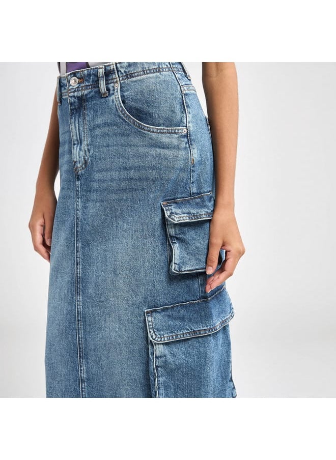 Lee Cooper Solid A-line Maxi Denim Skirt with Pockets and Button Closure