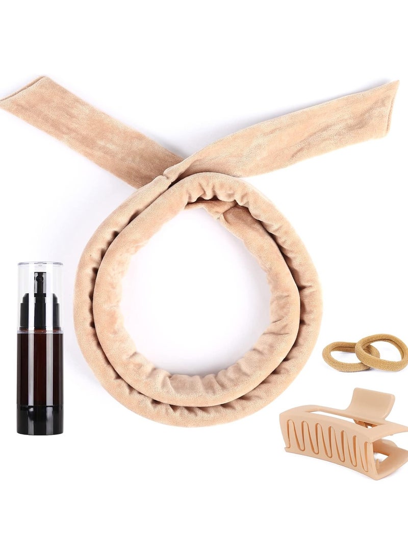 Heatless Velvet Hair Curler, Heatless Curls Overnight Hair Rollers-Includes Airless Spray Bottle, Hair Clips, 5 Piece Set (Khaki)