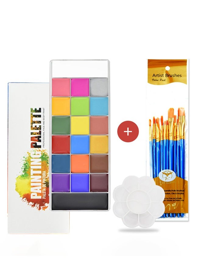 20-Color Oil-Based Face and Body Paint Palette - Professional Makeup Kit with 10 Brushes and Mixing Palette