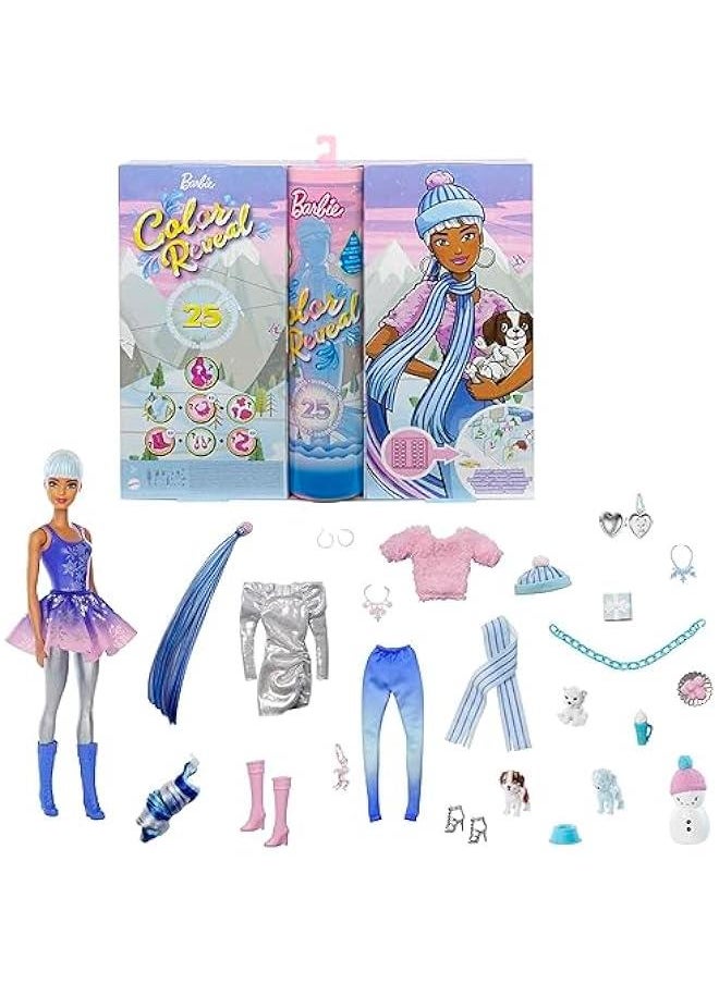 Barbie Color Reveal Advent Calendar, 25 Surprises Include Color Reveal Doll, 1 Color Reveal Pet, Clothes, Accessories & Kid-Sized Bracelet with 2 Charms, Gift for Kids 3 Years Old & Up