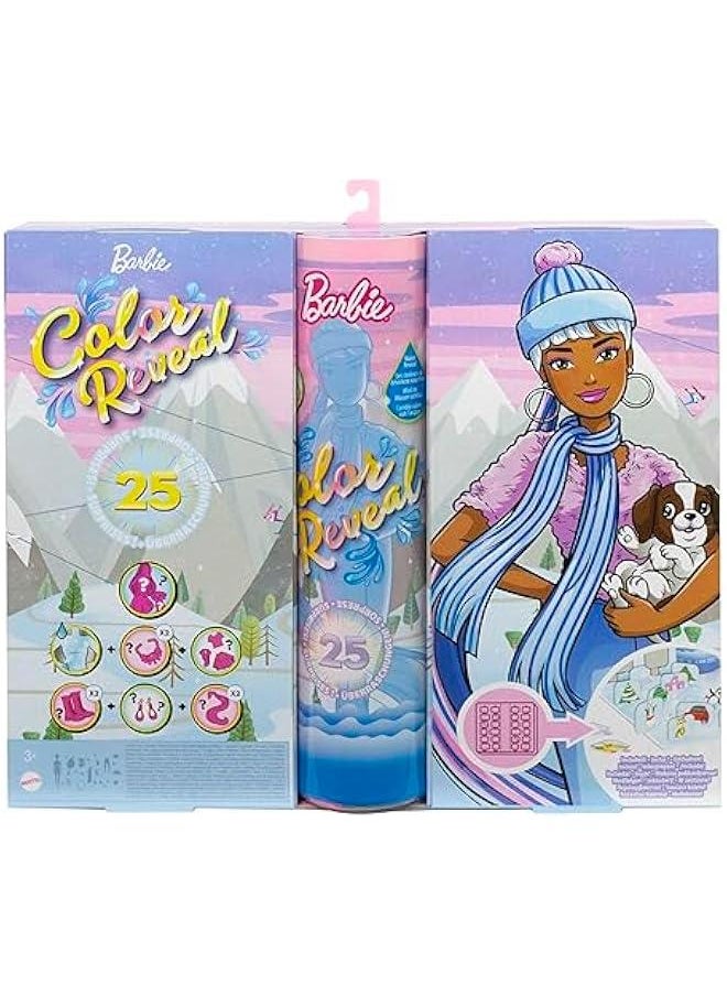 Barbie Color Reveal Advent Calendar, 25 Surprises Include Color Reveal Doll, 1 Color Reveal Pet, Clothes, Accessories & Kid-Sized Bracelet with 2 Charms, Gift for Kids 3 Years Old & Up