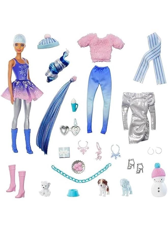 Barbie Color Reveal Advent Calendar, 25 Surprises Include Color Reveal Doll, 1 Color Reveal Pet, Clothes, Accessories & Kid-Sized Bracelet with 2 Charms, Gift for Kids 3 Years Old & Up