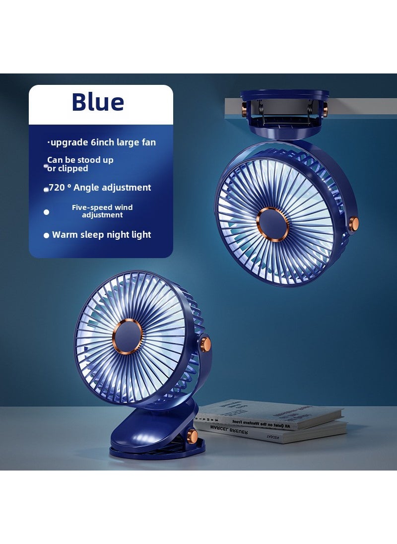 2024 New Portable Clip Fan Rechargeable Desktop Mini for Dorm 6 inches blue [night light fifth wind speed adjustment 720 ° angle adjustment]]