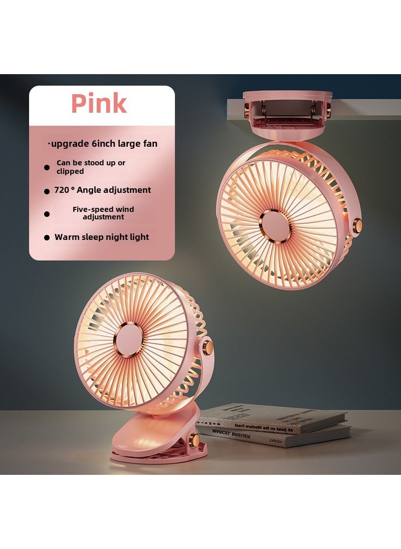 2024 New Portable Clip Fan Rechargeable Desktop Mini for Dorm 6 inch pink [Nightlight fifth wind speed adjustment 720 ° angle adjustment]]