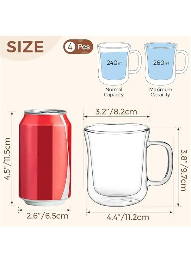 Double Walled Glass Coffee Mugs (8oz/250ml), Insulated Borosilicate Glass Coffee Cups with Handle, Cappuccino Latte Cups Set of 4, for Tea, Coffee, Juice