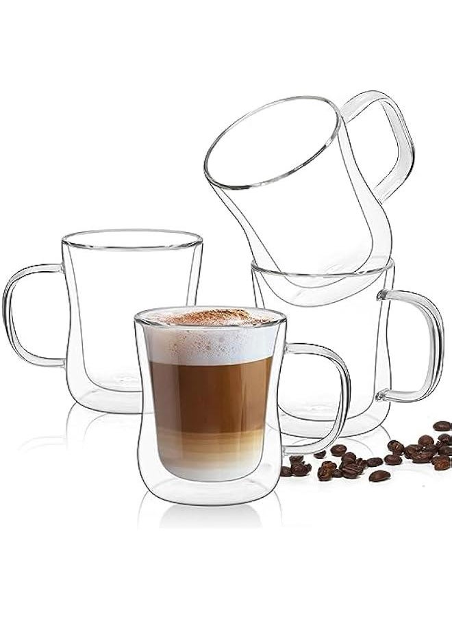 Double Walled Glass Coffee Mugs (8oz/250ml), Insulated Borosilicate Glass Coffee Cups with Handle, Cappuccino Latte Cups Set of 4, for Tea, Coffee, Juice