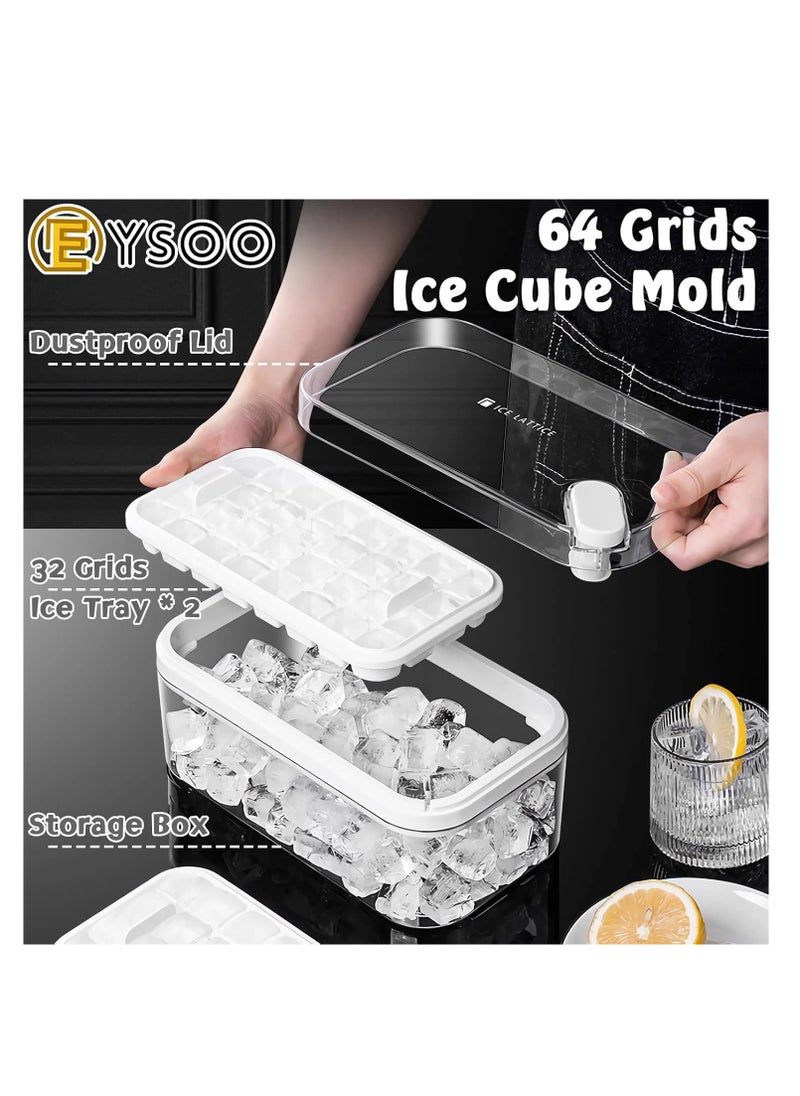 64-Grid Ice Cube Tray with Lid and Bin, BPA-Free, Easy-Release, for Drinks and Yogurt (White).