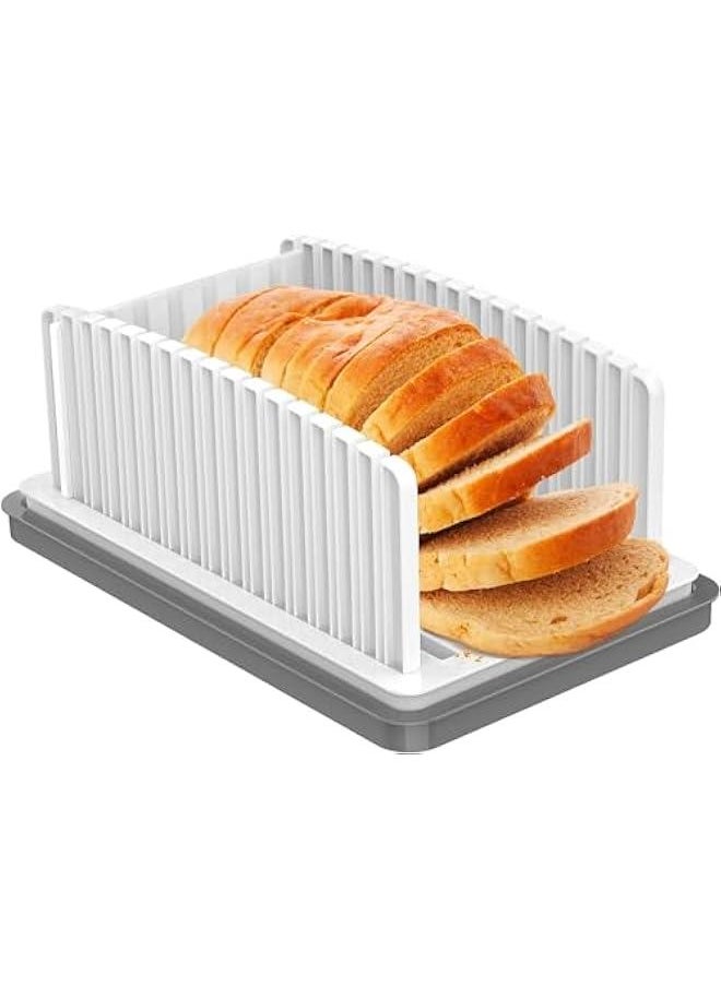 Bread Slicer for Homemade Bread, Bread Slicer Guide with Adjustable Width and Crumb Tray, Foldable Compact Plastic Bread Loaf Cutter Slicer for Kitchen Baking Homemade Bread, Cake, Taost, Bagels