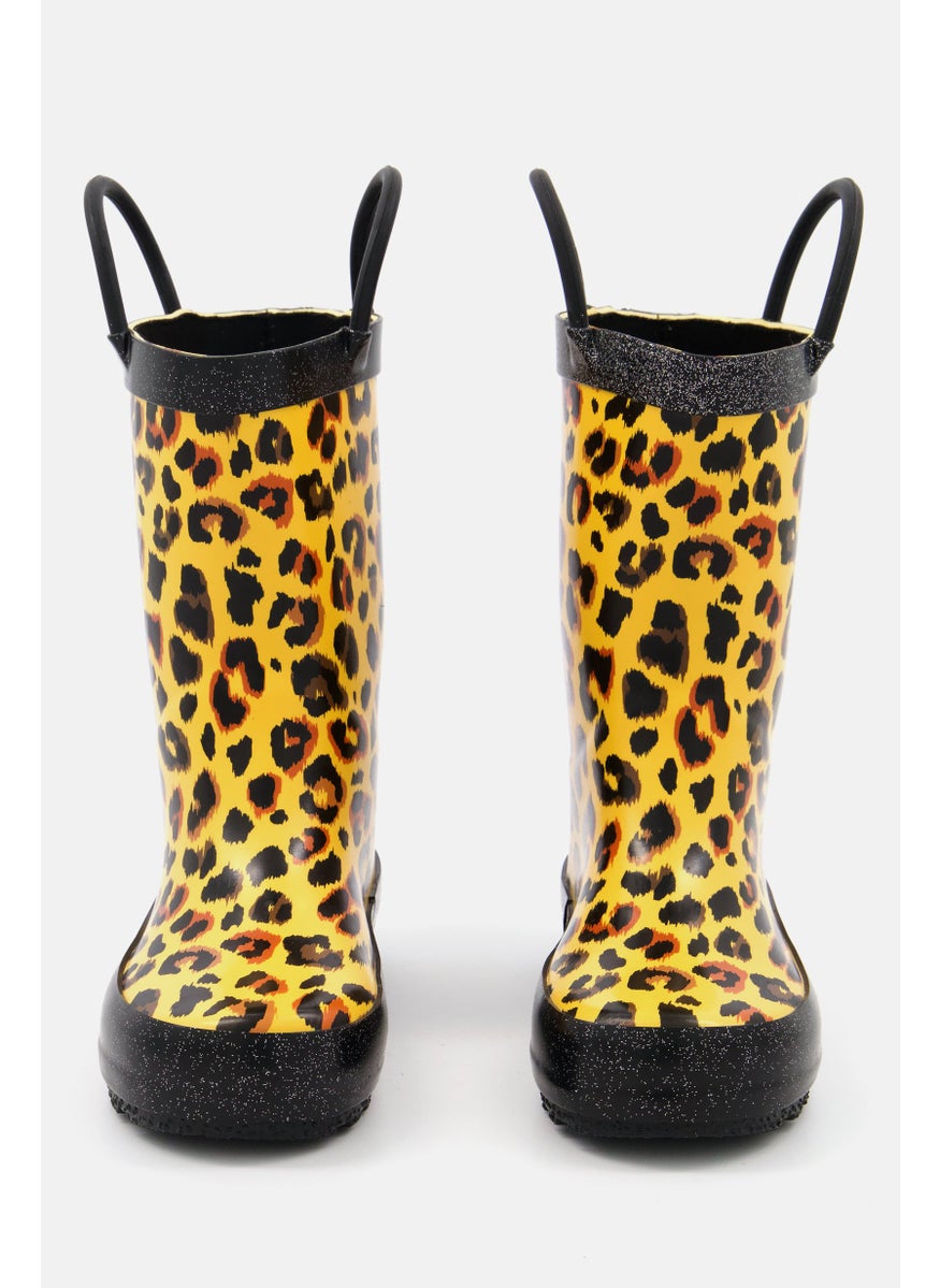 Kids Girl Leopard Printed Rain Boot, Brown Combo