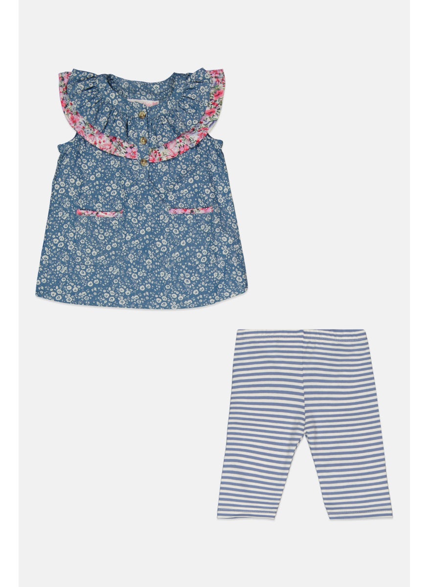 Toddlers Girl 2 Pieces Graphic Print Top And Bottom Set, Blue Combo