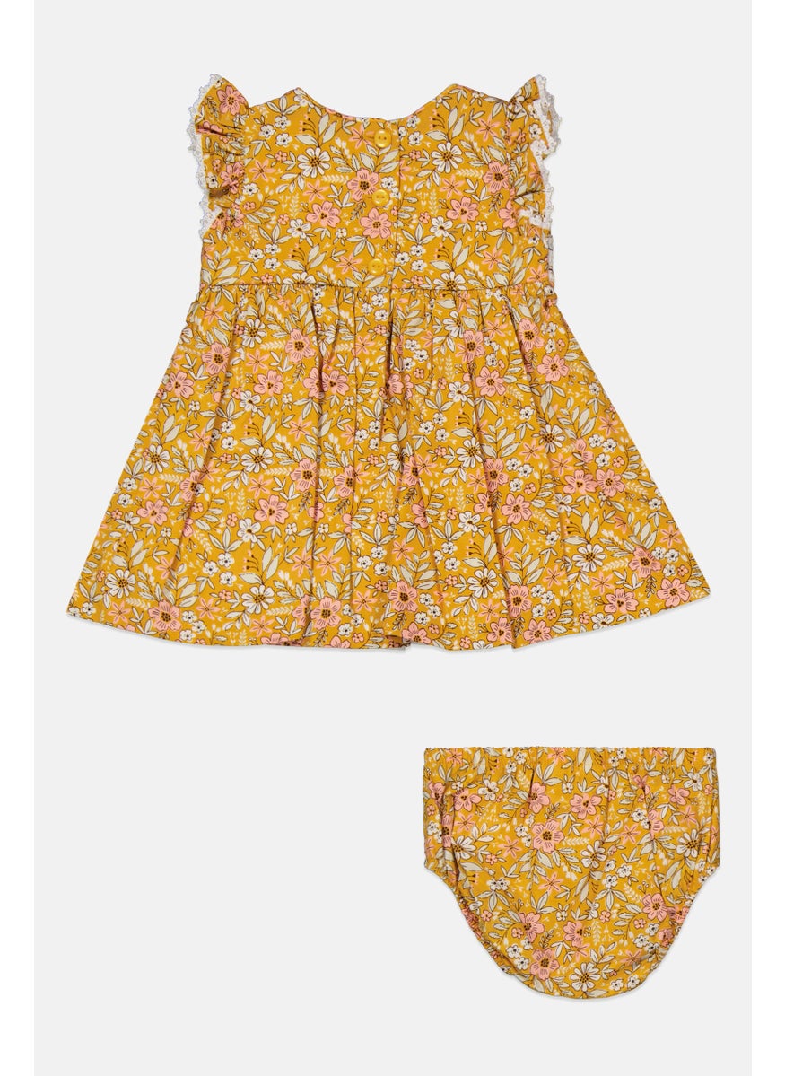 Toddlers Girl 2 Pc Floral Print Dress With Panty, Yellow Combo